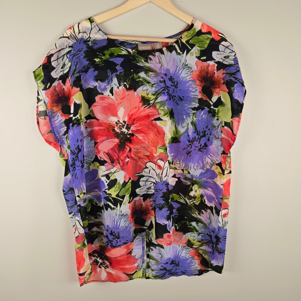 Chicos Floral Blouse‎ Size 2 US Large Sheer Top Shirt Colorful Vacation Tropical